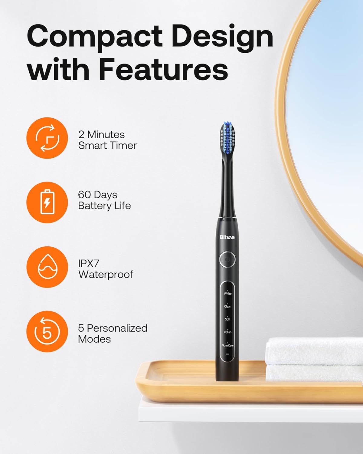 Bitvae Ultrasonic Electric Toothbrushes for Adults and Kids, ADA Accepted Rechargeable Travel Sonic Toothbrush with 8 Brush Heads, 5 Modes, Holder, D2 (Jet Black)