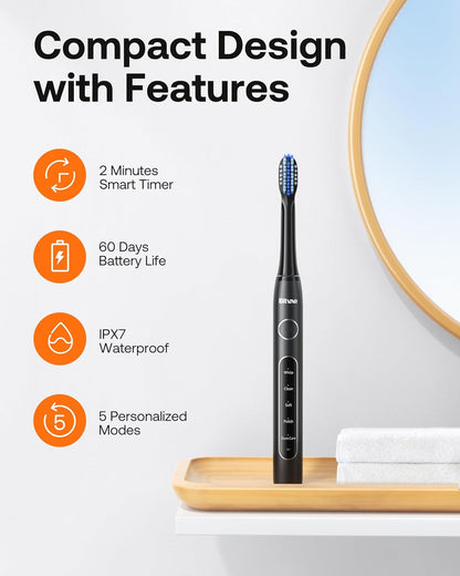 Bitvae Ultrasonic Electric Toothbrushes for Adults and Kids, ADA Accepted Rechargeable Travel Sonic Toothbrush with 8 Brush Heads, 5 Modes, Holder, D2 (Jet Black)