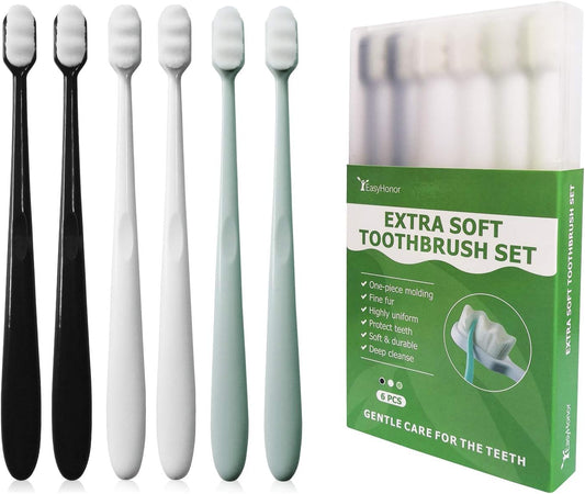 EasyHonor Extra Soft Toothbrush For Sensitive Gums, Micro-Nano Manual Toothbrush with 20000 Soft Floss Bristles 6 packs(white bristles)