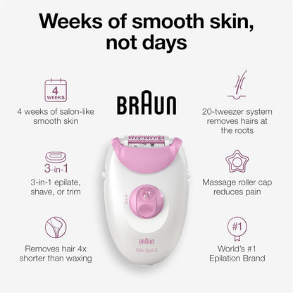 Braun Silk-épil 3 3-270, Epilator for Women for Long-Lasting Hair Removal, 20 Tweezer system, Smartlight Technology, Massage rollers, Shaver and Trimmer Head Included