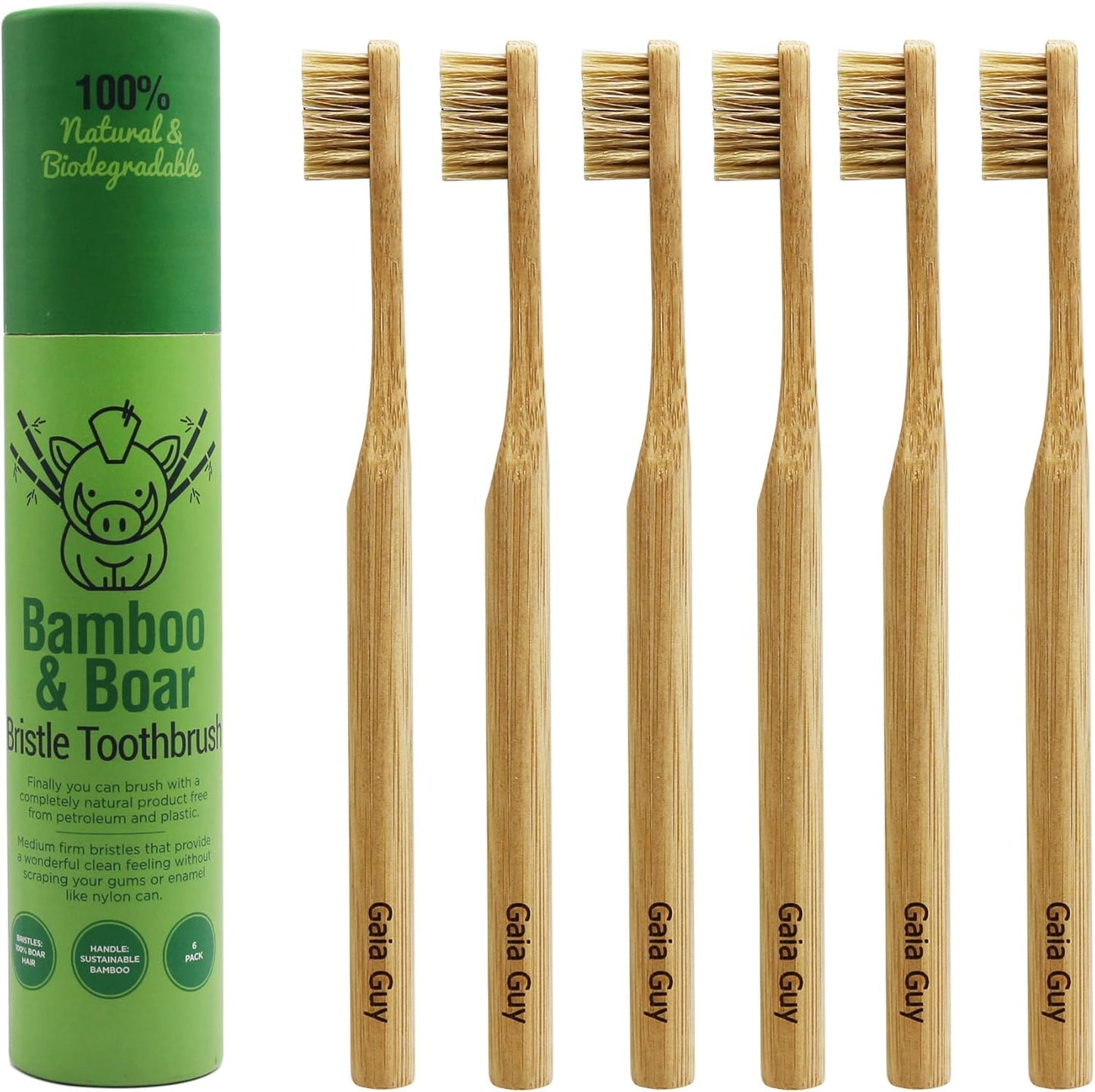 Natural Bristle Bamboo Toothbrush (NO Nylon - Boar Hair ONLY) - Totally Compostable & Biodegradable Boar Bristle and Bamboo Toothbrushes - Zero Waste