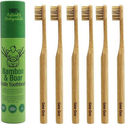 Natural Bristle Bamboo Toothbrush (NO Nylon - Boar Hair ONLY) - Totally Compostable & Biodegradable Boar Bristle and Bamboo Toothbrushes - Zero Waste