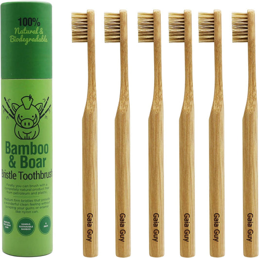 Natural Bristle Bamboo Toothbrush (NO Nylon - Boar Hair ONLY) - Totally Compostable & Biodegradable Boar Bristle and Bamboo Toothbrushes - Zero Waste
