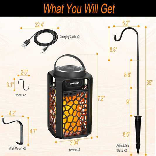Outdoor Bluetooth Speakers – 10W TWS LED Flame Tiki Torch Lantern – Waterproof Wireless Portable Stereo Speaker – Wall Mount Hook Ground Stake Patio Yard Speaker