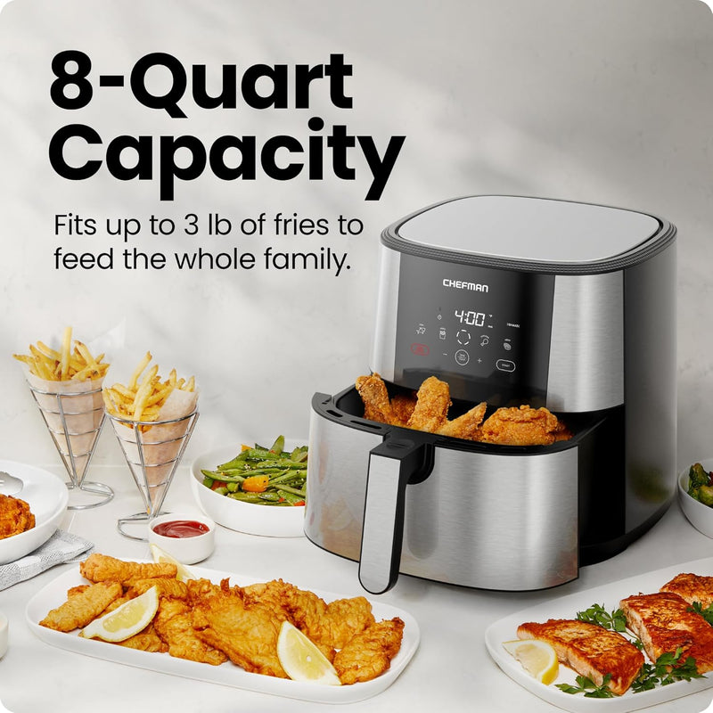 Chefman TurboFry® Touch Air Fryer, XL 8-Qt (7.5L) Family Size, One-Touch Digital Control Presets, French Fries, Chicken, Meat, Fish, Nonstick Dishwasher-Safe Parts, Automatic Shutoff, Stainless Steel