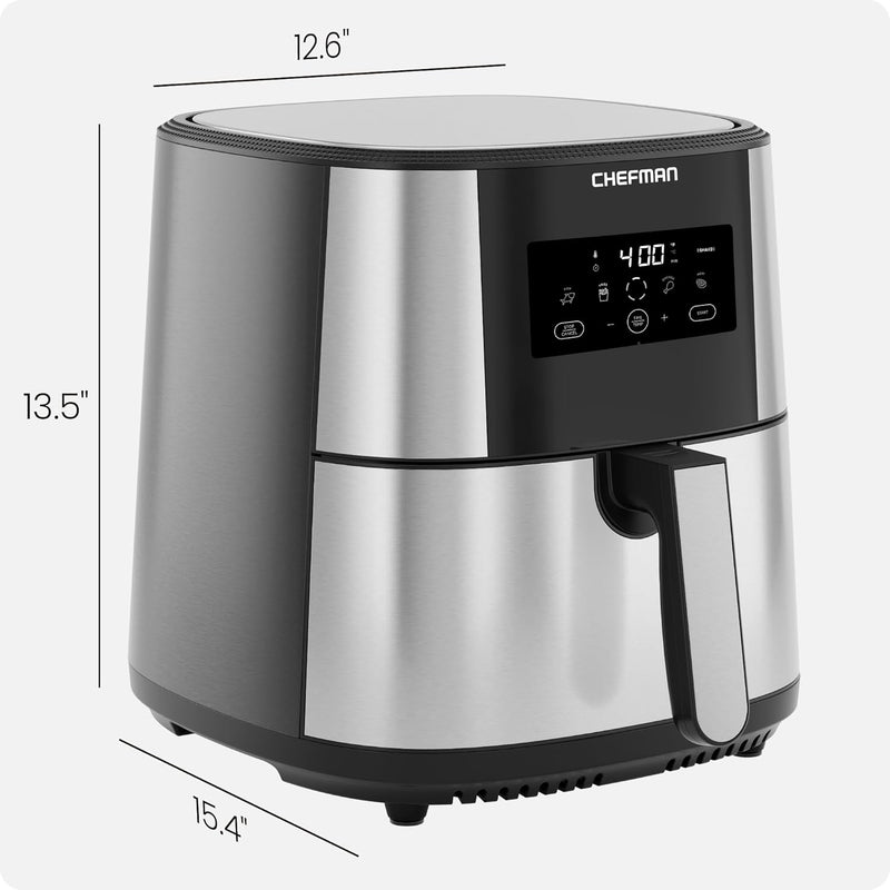 Chefman TurboFry® Touch Air Fryer, XL 8-Qt (7.5L) Family Size, One-Touch Digital Control Presets, French Fries, Chicken, Meat, Fish, Nonstick Dishwasher-Safe Parts, Automatic Shutoff, Stainless Steel