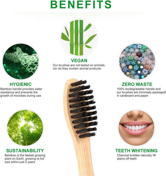 12 pack Bamboo Toothbrushes, Biodegradable Bamboo Toothbrush, BPA Free Soft Bristles Toothbrushes, Eco-Friendly Compostable Natural Wooden Toothbrush, Organic Charcoal Wood ToothBrushes (Black + White) - PuriLite