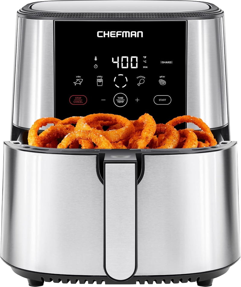 Chefman TurboFry® Touch Air Fryer, XL 8-Qt (7.5L) Family Size, One-Touch Digital Control Presets, French Fries, Chicken, Meat, Fish, Nonstick Dishwasher-Safe Parts, Automatic Shutoff, Stainless Steel