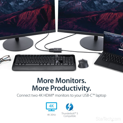 USB-C to Dual HDMI Adapter, USB Type-C Multi-Monitor MST Hub, Dual 4K 30Hz HDMI Laptop Display Extender / Splitter, HDR, Extra-Long Built-In Cable - Windows Only