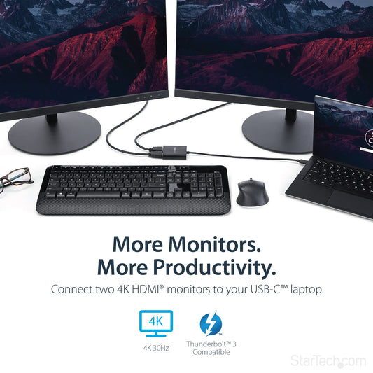 USB-C to Dual HDMI Adapter, USB Type-C Multi-Monitor MST Hub, Dual 4K 30Hz HDMI Laptop Display Extender / Splitter, HDR, Extra-Long Built-In Cable - Windows Only - PuriLite