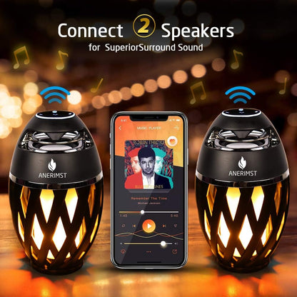 Outdoor Bluetooth Speakers with Flame Torch Light – Waterproof Wireless LED Flame Speakers – Loud Bass Stereo Sound – Set of 2 - PuriLite