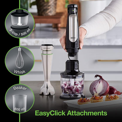 Braun MQ7035X 3-in-1 Immersion Hand, Powerful 500W Stainless Steel Stick Blender Variable Speed + 2-Cup Food Processor, Whisk, Beaker, Faster, Finer Blending, MultiQuick