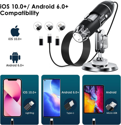 USB Digital Microscope Camera – 50x–1600x Handheld HD Inspection Microscope with Adjustable Stand, 8 LED Lights – Portable Microscope for iOS & Android - PuriLite