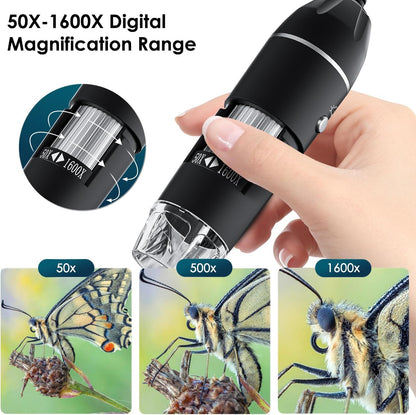 USB Digital Microscope Camera – 50x–1600x Handheld HD Inspection Microscope with Adjustable Stand, 8 LED Lights – Portable Microscope for iOS & Android - PuriLite