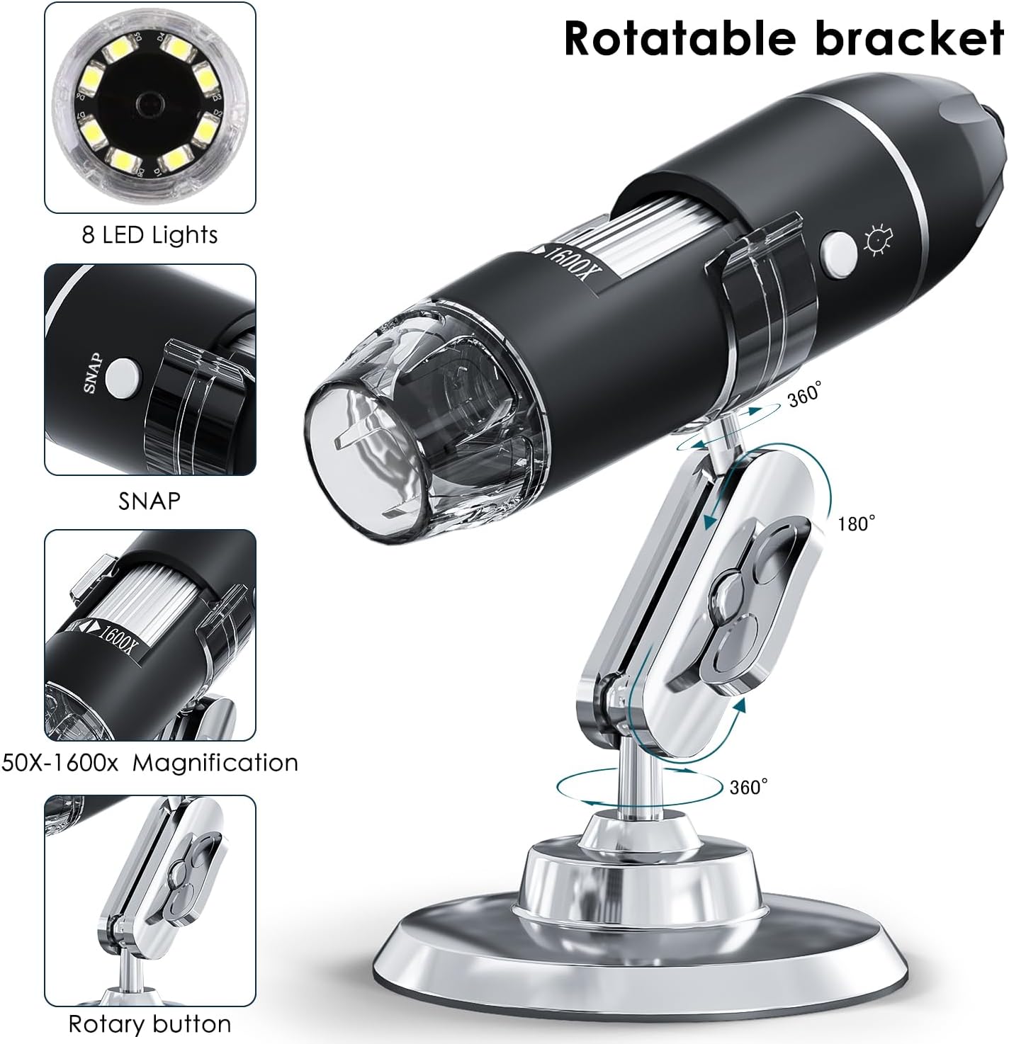USB Digital Microscope Camera – 50x–1600x Handheld HD Inspection Microscope with Adjustable Stand, 8 LED Lights – Portable Microscope for iOS & Android - PuriLite