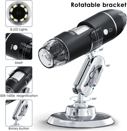 USB Digital Microscope Camera – 50x–1600x Handheld HD Inspection Microscope with Adjustable Stand, 8 LED Lights – Portable Microscope for iOS & Android - PuriLite
