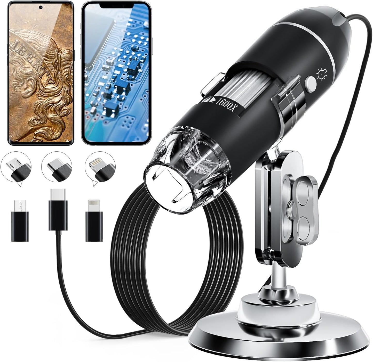 USB Digital Microscope Camera – 50x–1600x Handheld HD Inspection Microscope with Adjustable Stand, 8 LED Lights – Portable Microscope for iOS & Android - PuriLite