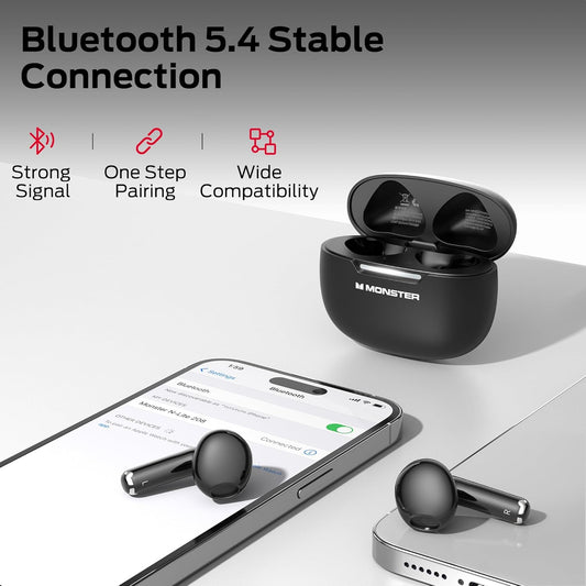 Monster N-Lite 208 Wireless Earbuds Bluetooth 5.4 Built-in Mic, Bluetooth Earbuds Touch Control, Headphones Bluetooth Wireless with 30H Playtime, Type-C Fast Charging, Clear Call for Running, Workout - PuriLite