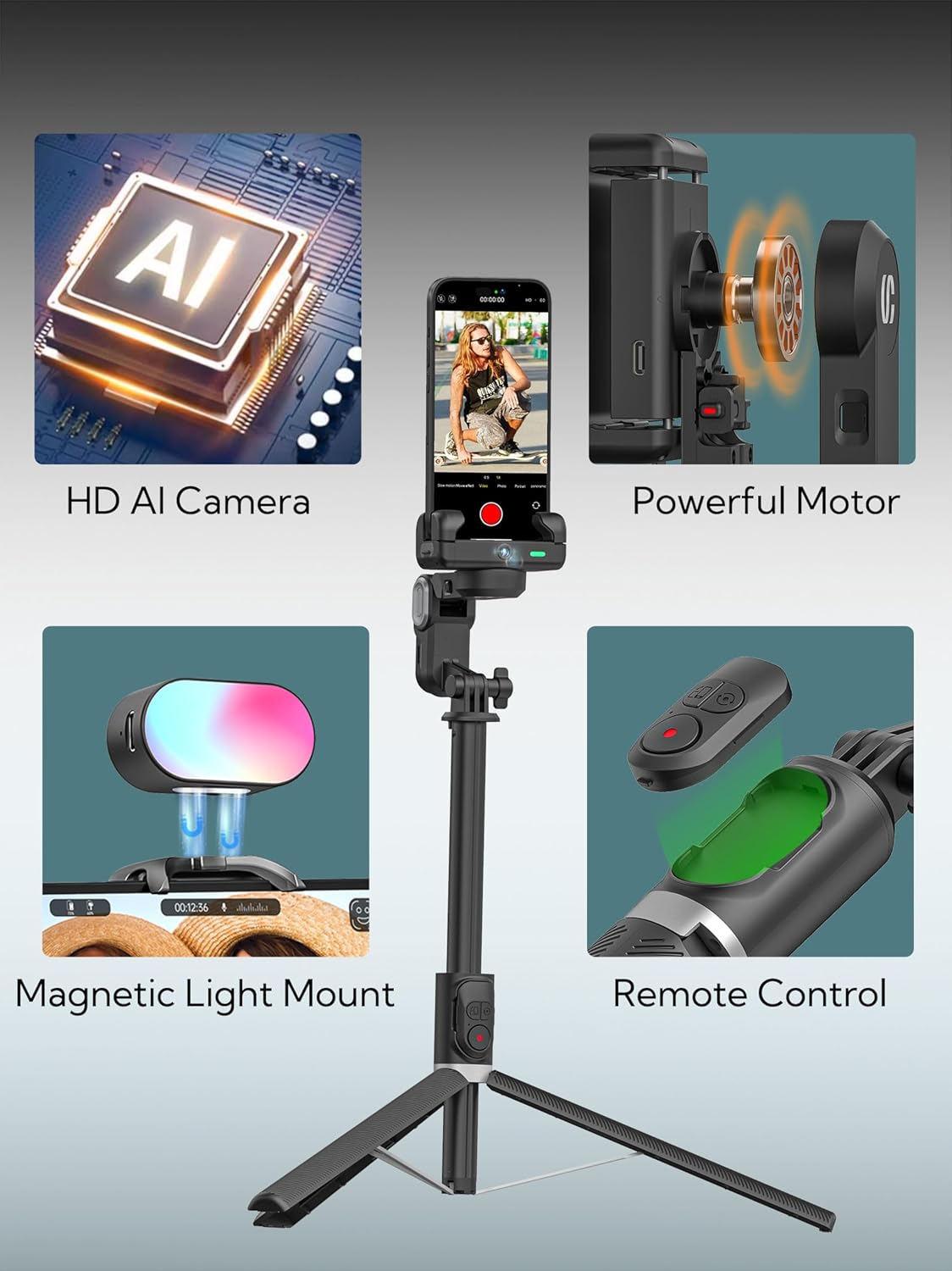 Auto Face Tracking Tripod 360° Rotation – Phone Stand Follow You for Video Recording, Selfie Stick Tripod with RGB Light & Remote Control (M2Pro Black) - PuriLite