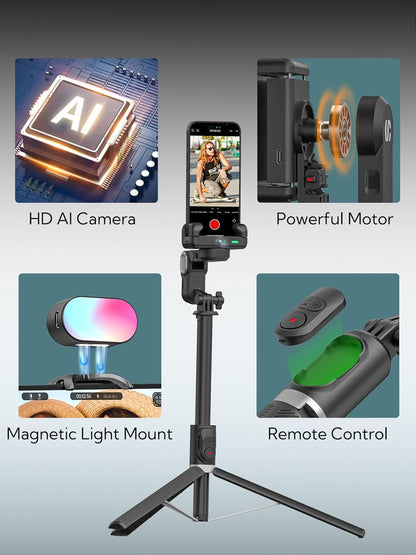Auto Face Tracking Tripod 360° Rotation – Phone Stand Follow You for Video Recording, Selfie Stick Tripod with RGB Light & Remote Control (M2Pro Black) - PuriLite