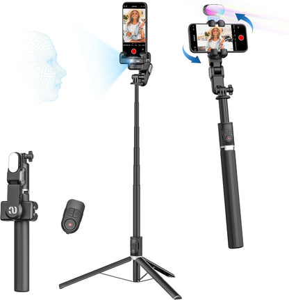 Auto Face Tracking Tripod 360° Rotation – Phone Stand Follow You for Video Recording, Selfie Stick Tripod with RGB Light & Remote Control (M2Pro Black) - PuriLite