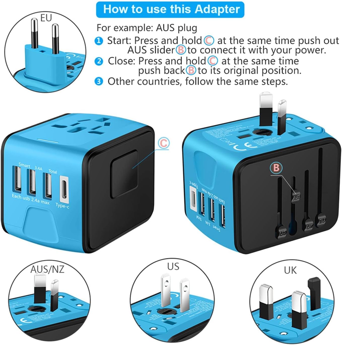 Global Universal Travel Adapter – All-in-One Wall Charger with USB-C 3.0A & 3 USB 2.4A Ports, Worldwide AC Plug Adapter for UK EU AU Asia - PuriLite