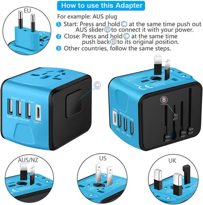 Global Universal Travel Adapter – All-in-One Wall Charger with USB-C 3.0A & 3 USB 2.4A Ports, Worldwide AC Plug Adapter for UK EU AU Asia - PuriLite