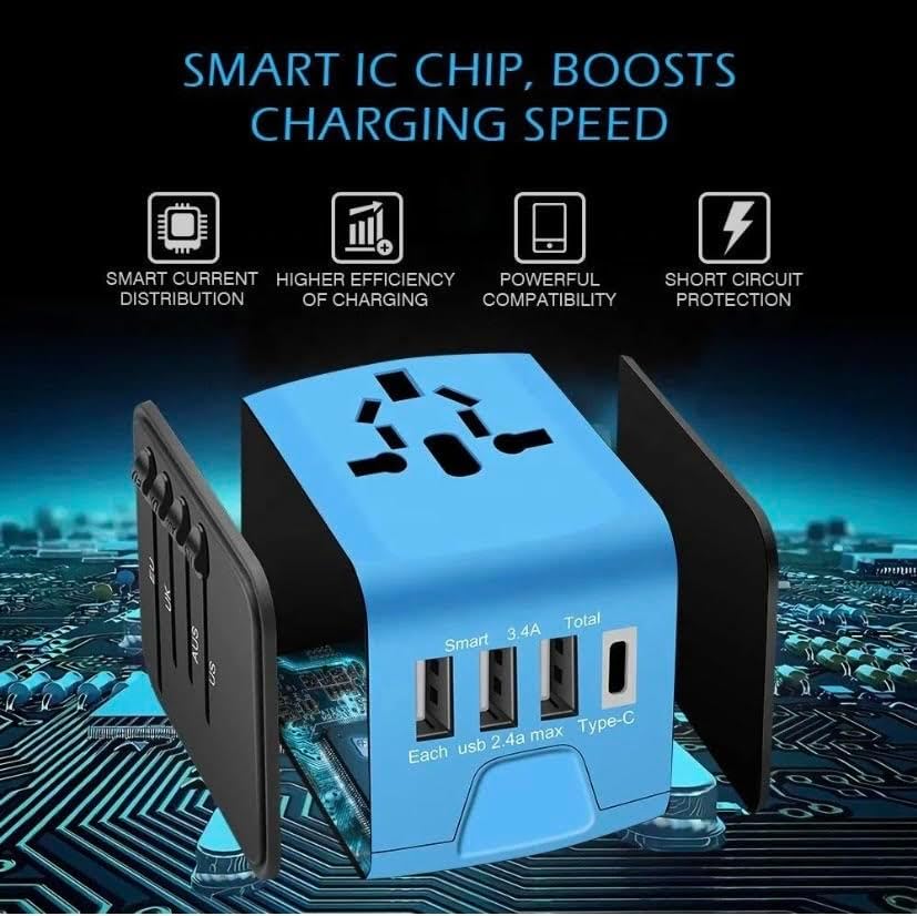 Global Universal Travel Adapter – All-in-One Wall Charger with USB-C 3.0A & 3 USB 2.4A Ports, Worldwide AC Plug Adapter for UK EU AU Asia - PuriLite