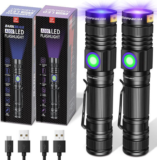 DARKBEAM UV Flashlight 365nm & 395nm Blacklight Rechargeable USB, Wood’s Lamp Ultraviolet Black Light LED Portable with Clip - Detector for Pet Cat Urine, Stains, Resin Curing, Uranium Glass, 2 Pack