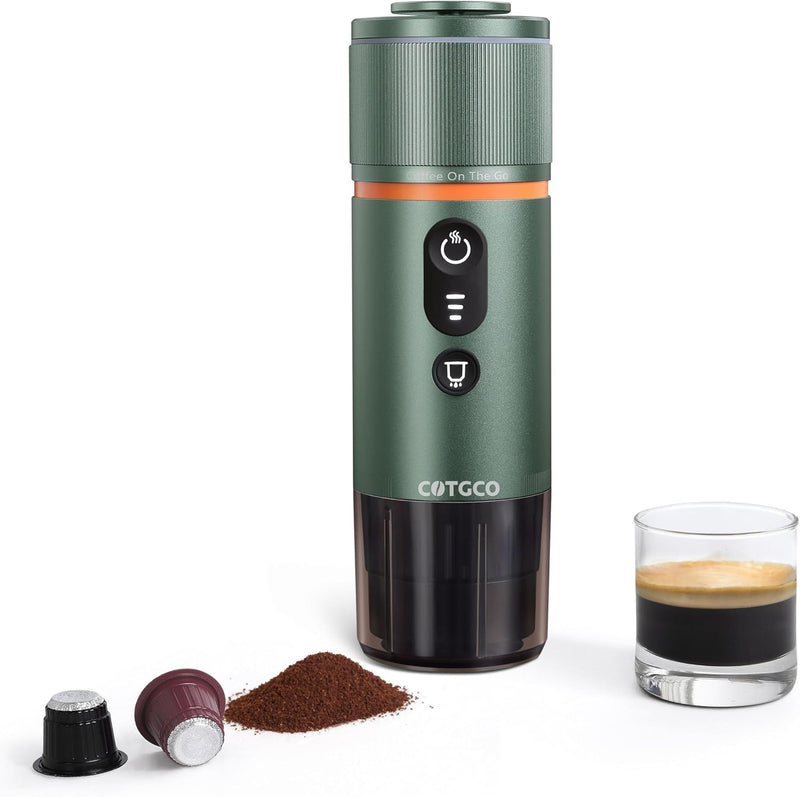 COTGCO Portable Espresso Coffee Machine: 12V Electric Travel Expresso Maker - Self Heating 8 Cups Battery Powered Compatible for Nespresso Capsule - for Camping Travel RV Hiking (Forest Green)