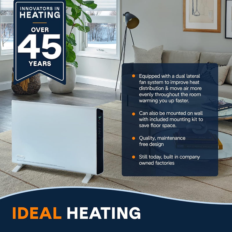 De'Longhi Convector Panel Heater, Full Room Quiet 1500W, Freestanding / Easy Install Wall Mount, LED Digital Display, Adjustable Thermostat, Timer, Eco Energy Saving Mode, White, Slim Style HCX9115ECA