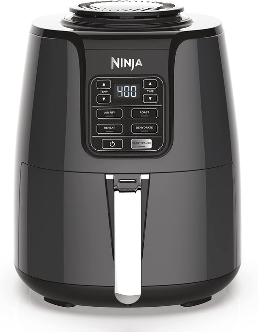 Ninja Air Fryer, 1550-Watt Programmable Base for Air Frying, Roasting, Reheating & Dehydrating with 4-Quart Ceramic Coated Basket (AF101), Black/Gray