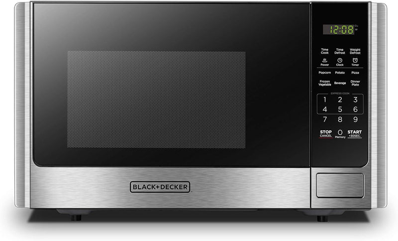 BLACK+DECKER Digital Microwave Oven with Turntable Push-Button Door, Child Safety Lock, Stainless Steel, 0.9 Cu Ft