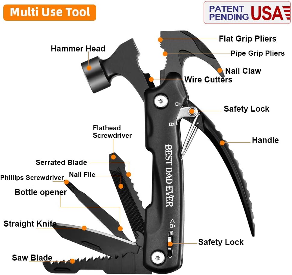 All-in-One Hammer Multitool 12-in-1 Stainless Steel Pocket Tool with Pliers, Screwdrivers, Knife and Saw, Compact Everyday Carry Tool for Home, DIY, and Outdoor Use - PuriLite
