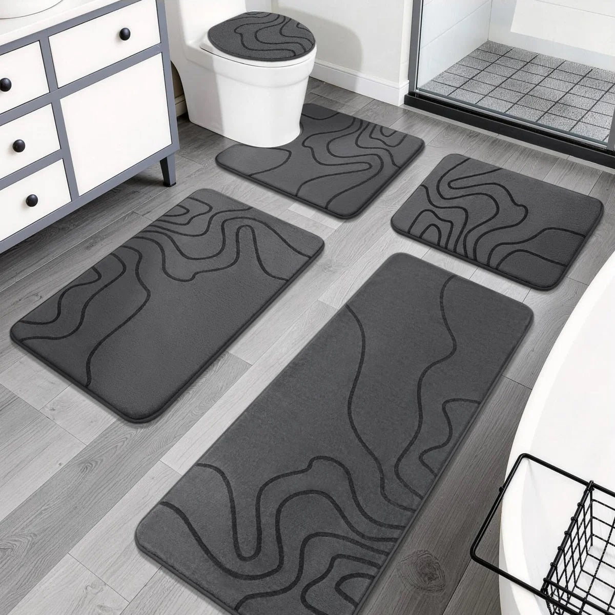 Memory Foam Bathroom Rugs Sets, Extra Thick Ultra Soft Absorbent Bath Mat Set, Non-Slip Machine Washable Bath Rugs For Bathroom, Tub & Shower, Home Decor Accessories, 5 Piece, (Dark Grey)