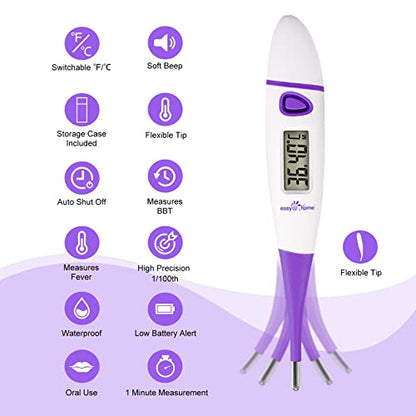 Easy@Home Digital Basal Body Thermometer: Accurate Oral Temperature BBT Thermometer with Premom Fertility Tracker App - 1/100th Degree High Precision | EBT-018 Purple