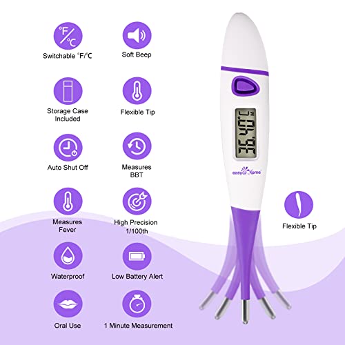 Easy@Home Digital Basal Body Thermometer: Accurate Oral Temperature BBT Thermometer with Premom Fertility Tracker App - 1/100th Degree High Precision | EBT-018 Purple