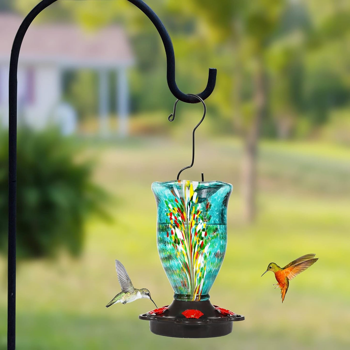 LUJII Bloom Shaped Hummingbird Feeders for Outdoors, Hand Blown Glass Hummingbird Feeder for Outside with S Hook, 25 fl.oz, 5 Feeding Perches, Leak Proof, Multiple Functions Vase or Garden Decor, Teal