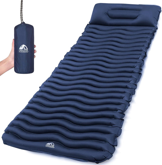 Unigear Ultralight Inflatable Sleeping Pad, Compact Air Camping Mat for Backpacking, Hiking and Traveling (Navy Blue Pad with Pillow)