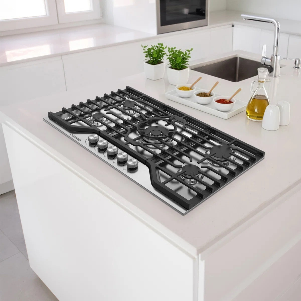 Cosmo 36 In. Vista Collection Drop-in Gas Cooktop With 5 Burners, Metal Knobs, Cast Iron Grates In Stainless Steel COS-CTGV365SS