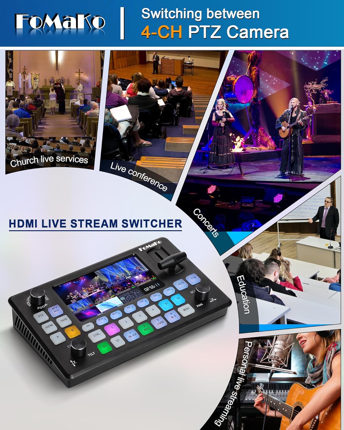 FoMaKo Video Mixer Switcher 5.5 Inch FHD LCD Screen 4-Channel HDMI Live Streaming Switcher 1080p 60FPS USB Recording USB3.0 Output PTZ Controller HDMI Video Switcher (KC601 Pro Black)
