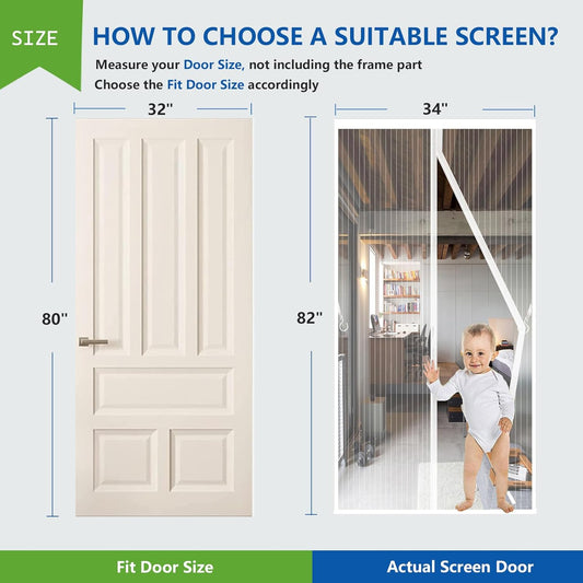 White Magnetic Screen Door Fits Door Size 32x80in Screen Size 34x82in Heavy Duty Mesh Full Frame With Magic Tape - PuriLite