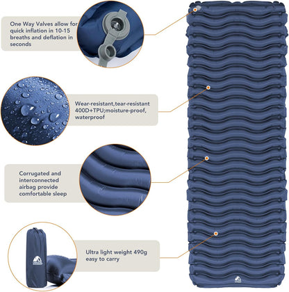 Unigear Ultralight Inflatable Sleeping Pad, Compact Air Camping Mat for Backpacking, Hiking and Traveling (Navy Blue Pad with Pillow)