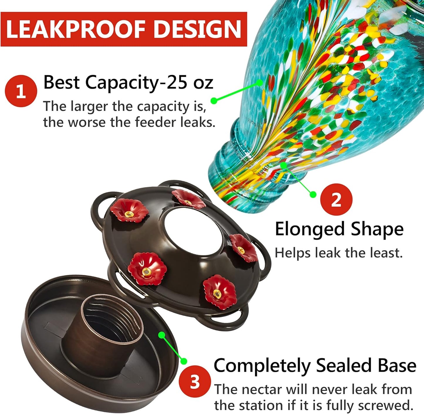 LUJII Bloom Shaped Hummingbird Feeders for Outdoors, Hand Blown Glass Hummingbird Feeder for Outside with S Hook, 25 fl.oz, 5 Feeding Perches, Leak Proof, Multiple Functions Vase or Garden Decor, Teal