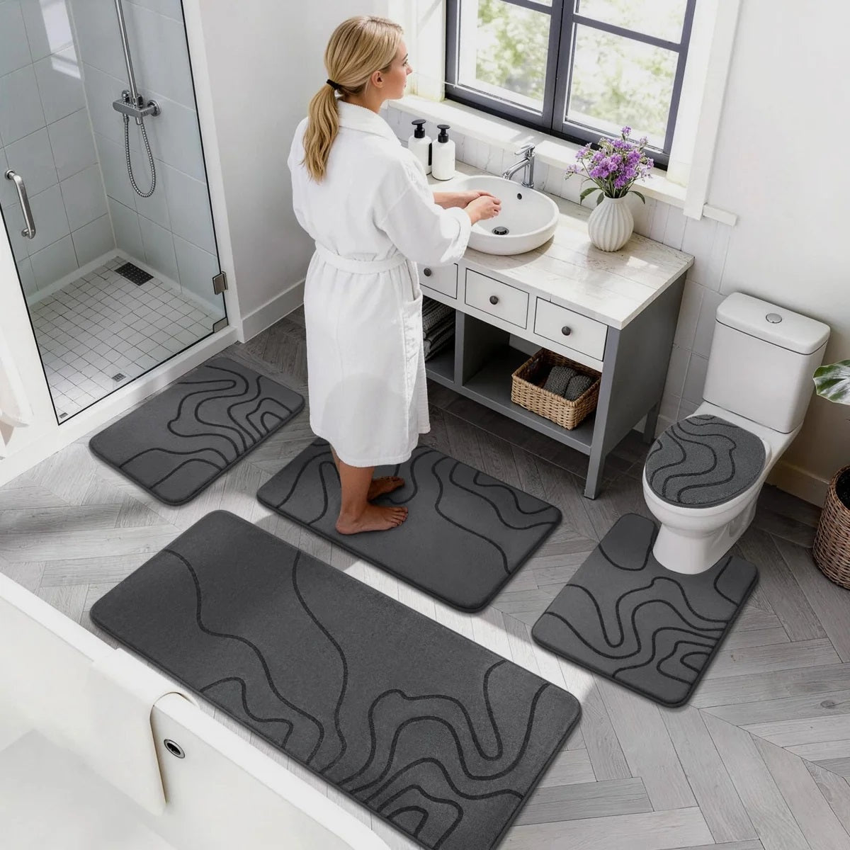 Memory Foam Bathroom Rugs Sets, Extra Thick Ultra Soft Absorbent Bath Mat Set, Non-Slip Machine Washable Bath Rugs For Bathroom, Tub & Shower, Home Decor Accessories, 5 Piece, (Dark Grey)