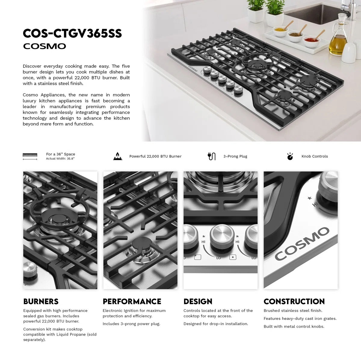 Cosmo 36 In. Vista Collection Drop-in Gas Cooktop With 5 Burners, Metal Knobs, Cast Iron Grates In Stainless Steel COS-CTGV365SS