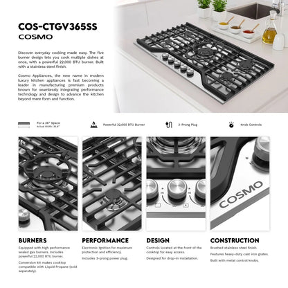 Cosmo 36 In. Vista Collection Drop-in Gas Cooktop With 5 Burners, Metal Knobs, Cast Iron Grates In Stainless Steel COS-CTGV365SS