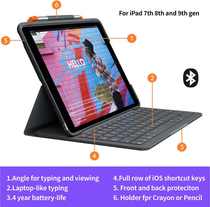 Logitech iPad (7th,8th and 9th generation) Keyboard Case | Slim Folio with Integrated Wireless Keyboard (Graphite)