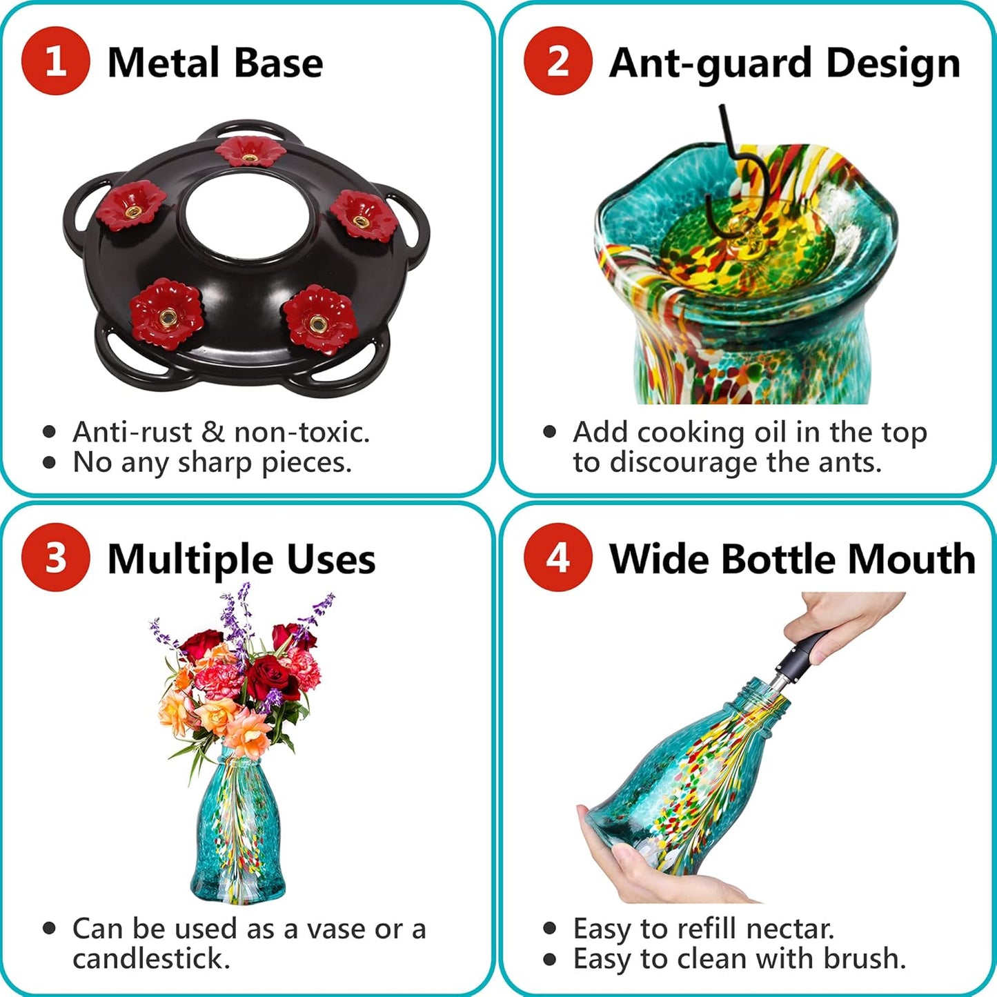 LUJII Bloom Shaped Hummingbird Feeders for Outdoors, Hand Blown Glass Hummingbird Feeder for Outside with S Hook, 25 fl.oz, 5 Feeding Perches, Leak Proof, Multiple Functions Vase or Garden Decor, Teal