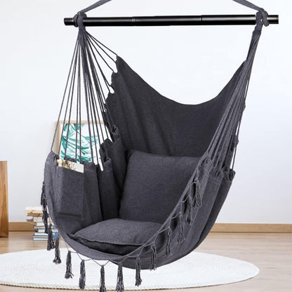 Klhamky Hammock Chair Swing with Hanging Hardware Kit- Beige, Cotton Canvas, Include Two Seat Cushions, for Bedroom Indoor Outdoor, Max. Weight 330 Lbs (Dark Grey)